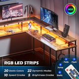 SUPERJARE L Shaped Gaming Desk with Power Outlets & LED Lights, 66 Inch Computer Desk with Monitor Stand & Storage Shelf, Home Office Desk Corner Desk with Hooks, Rustic Brown SUPERJARE