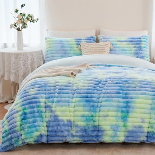 ZRNBAST Fluffy Duvet Cover Twin Size, Tie Dye Blue Green Plush Fleece Bedding Sets, Super Soft Faux Fur Bed Set with Zipper, Luxury Fuzzy Comforter Cover with 2 Pillowcases(Blue Green, Twin) ZRNBAST