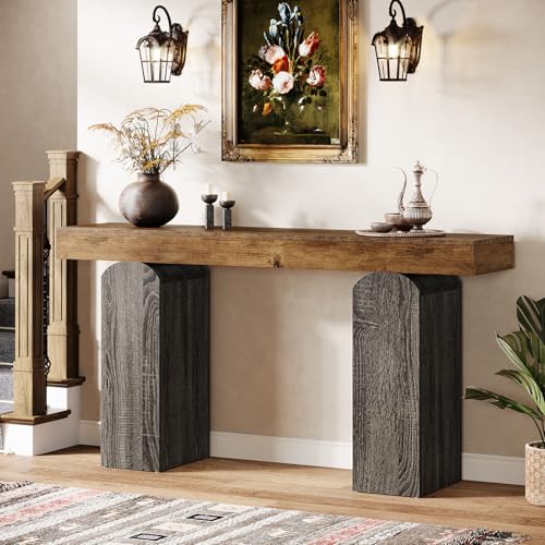 Tribesigns 63" Long Entryway Table, Farmhouse Console Table with 2 Arched Pedestal Legs, Wooden Sofa Console Behind The Couch for Entrance, Hallway, Living Room (Vintage Brown & Grey) Tribesigns