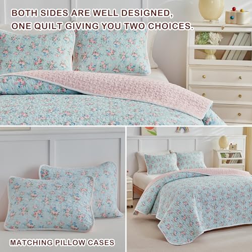 Joyreap Twin Size Floral Quilt Set for Girls, Pink Flowers on Blue Design, 3pcs Microfiber Lightweight Quilt Bedding Set, Bedspread Bed Cover for All Season- 68x88 inches Joyreap
