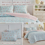 Joyreap Twin Size Floral Quilt Set for Girls, Pink Flowers on Blue Design, 3pcs Microfiber Lightweight Quilt Bedding Set, Bedspread Bed Cover for All Season- 68x88 inches Joyreap