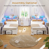 MSmask 14 Inch Corner Bed Frame with Bookcase Storage, Twin Daybed with 6 Drawers, Charging Station and LED Light, Twin Size Metal Platform Bed Frame for Kids Teenagers, White & Oak Grey MSmask