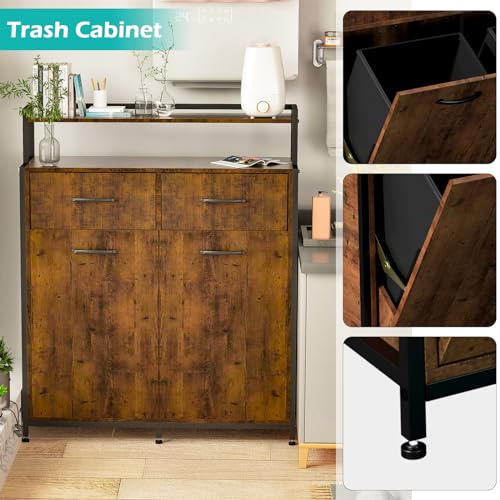 ZIAERKOR Double Tilt Out Trash Cabinet, Hidden Trash Bin Cabinet, Large Wooden Trash Can for Kitchen with Shelf, Dual Tilt Out Laundry Hamper Cabinet Free Standing Holder 10 Gallon - WoodArtSupply