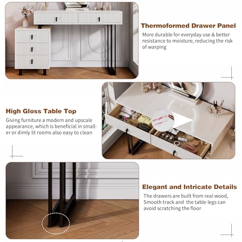 KDCAS Vanity Desk with Mirror and Lights| Small Makeup Vanity Set with Adjustable Cabinet & 5 Drawers Storage| Modern Dressing Table for Small Spaces & Bedroom(White and Black) KDCAS