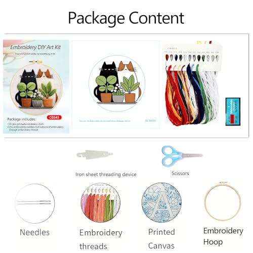 Zhenqing Cats and Potted Plants Embroidery Kit for Beginners, Pre-Printed 29x29cm Cotton Fabric with 20cm Hoop, Cute Cat Duo Design for Home Decor(JC0010)