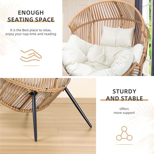 Vongrasig Comfy Wicker Egg Chair, Soft Thick Cushion Rattan Lounge Chair, High Capacity Steel Frame, Reading Chair for Living Room, Bedroom, Dorm Rooms (Beige) Vongrasig