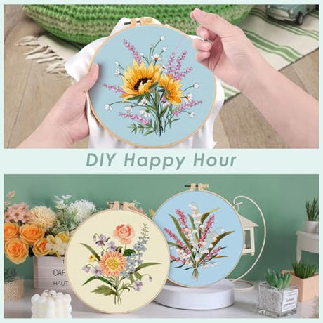 ERKOON Embroidery Kit for Beginners, 5 Sets Flower Cross Stitch Set for Adults Include Embroidery Cloth Hoops Threads for Craft Lover Hand Stitch with Skill Techniques (Bouquet) ERKOON