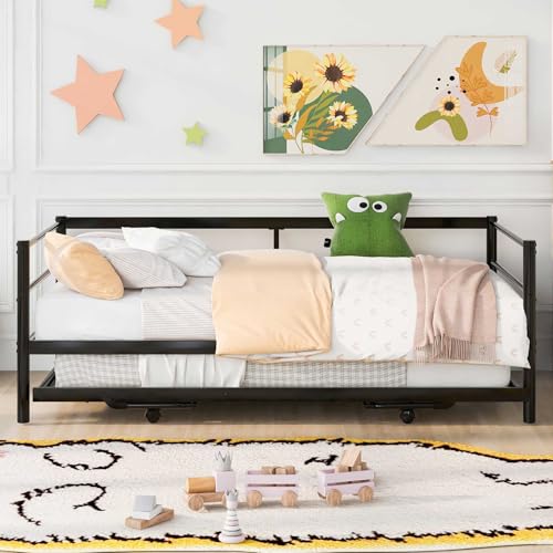 Nahenduo Twin Size Daybed with Pop up Trundle & Adjustable LED Lights, Futon Frame Bed, Metal Sofa Bed Frame for Living Room Bedroom Guest Room, Small Space, No Box Spring Needed (Black) Nahenduo