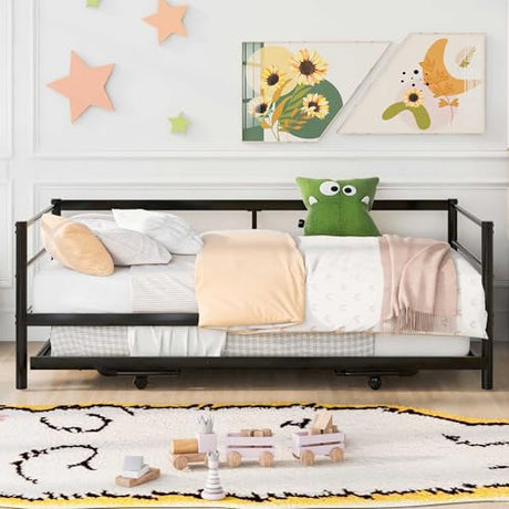 Nahenduo Twin Size Daybed with Pop up Trundle & Adjustable LED Lights, Futon Frame Bed, Metal Sofa Bed Frame for Living Room Bedroom Guest Room, Small Space, No Box Spring Needed (Black) Nahenduo