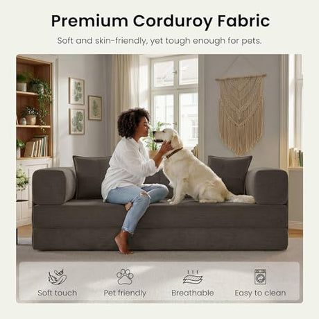 CUBENTE 78.8" Convertible Futon Sofa Bed,Corduroy Futon Couch with Storage Pocket,Folding Pull Out Sofa,No Assembly Boneless Couch for Living Room,Brown CUBENTE