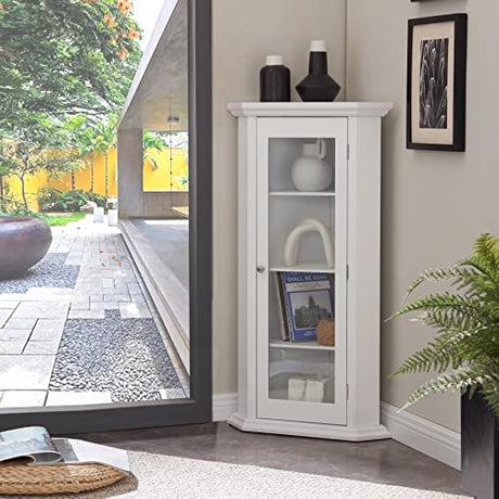 Kings Brand Furniture - Corner Curio Storage Cabinet with Glass Door, White Finish Kings Brand Furniture