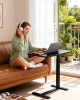 Overbed Bedside Table with Hidden Casters, Adjustable Pneumatic Mobile Laptop Computer Standing Desk, Rolling Laptop Table, Movable Overbed Table Hospital Home Use, Black Simple Deluxe