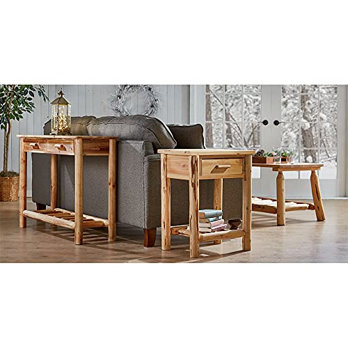 CASTLECREEK Pine Log End Table Nightstand, Rustic Natural Weathered Look Wooden Side Tables with Storage Drawer for Living Room Couch, Bedroom CASTLECREEK