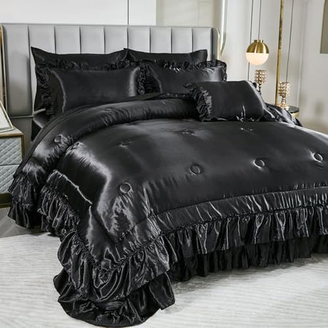 Black Satin Comforter Set,Queen Bed Set,Silk Like Satin Queen Comforter Set with Sheets,Silky Satin Bedding Set,Queen Bed in a Bag 8-Piece,Soft Smooth Sheets,Ruffled Luxury Bedding Set Bedbay