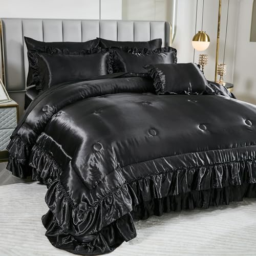 Black Satin Comforter King Size,Ruffle Bedding Set,Silk Like Satin King Comforter Set with Sheets,Silky Black Bedding Bed in a Bag,Soft Smooth Satin Sheets,8 Pcs Ruffled Luxury Comforter Set Bedbay
