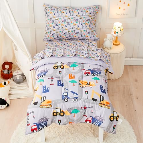 lasoftan Construction Toddler Bedding Set for Boys, 4 Piece Bed-in-a-Bag Toddler Comforter Sets, Excavator, Cars Printed, Super Soft and Comfortable Microfiber Todeeler Bed Set lasoftan