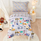 lasoftan Construction Toddler Bedding Set for Boys, 4 Piece Bed-in-a-Bag Toddler Comforter Sets, Excavator, Cars Printed, Super Soft and Comfortable Microfiber Todeeler Bed Set lasoftan