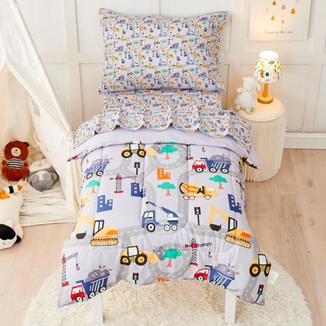 lasoftan Construction Toddler Bedding Set for Boys, 4 Piece Bed-in-a-Bag Toddler Comforter Sets, Excavator, Cars Printed, Super Soft and Comfortable Microfiber Todeeler Bed Set lasoftan