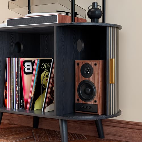 Tall Vinyl Record Player Stand, Black Small Record Storage Cabinet, 4 Tier Arched Bookshelf with Sliding Doors, Fluted Media Display Shelf, Mid Century Modern Turntable Stand for Living Room, Retro Woemtoric