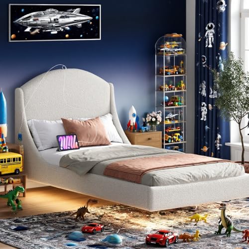Ailisite Twin Size Floating Bed Frame with Upholstered Headboard and Charging Station, Boucle Platform Bed Frame Queen Size with RGB Led Lights, Strong Wood Slat Support, No Box Spring Needed,Beige Ailisite