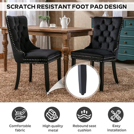 SIZOTA 5-Piece Dining Table Set with 47In Tempered Glass Table and 4 Velvet Upholstered Chairs, Modern Scandinavian Furniture for Dining Room Kitchen(Black) SIZOTA