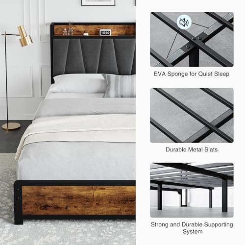GarveeHome King Size Bed Frame with 4 Storage Drawers, Upholstered Storage Charging Headboard, Heavy Duty Metal Platform Bed Frame, Noise Free, No Box Spring Needed, Rustic Brown GarveeHome