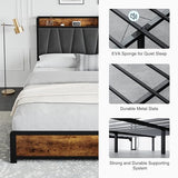 GarveeHome King Size Bed Frame with 4 Storage Drawers, Upholstered Storage Charging Headboard, Heavy Duty Metal Platform Bed Frame, Noise Free, No Box Spring Needed, Rustic Brown GarveeHome