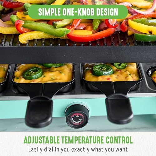 GreenLife Raclette Indoor Tabletop Grill, Healthy Ceramic Nonstick, 2-in-1 Grill and Griddle, 8 Square Nonstick Pans, Adjustable Temperature Control, Easy Indicator Light, PFAS-Free, Turquoise GreenLife