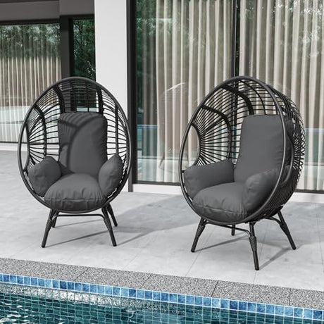 LUTINLIX Oversized Wicker Egg Chair Set of 2 Outdoor Indoor,Patio Lounge Chair with Thicken Cushions & Durable Steel Frame, Egg Basket Chair 500lbs Capacity for Garden, Backyard, Porch,Bedroom LUTINLIX