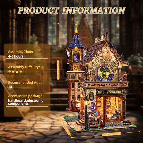 SUNNINO Miniature Dollhouse Kit, 3D Wooden Puzzles for Adults Mini House Building Kit with LED Lights Christmas Birthday Gifts Book Nook Kits Bookshelf Decor for Adults and Teens, Time Magic Club