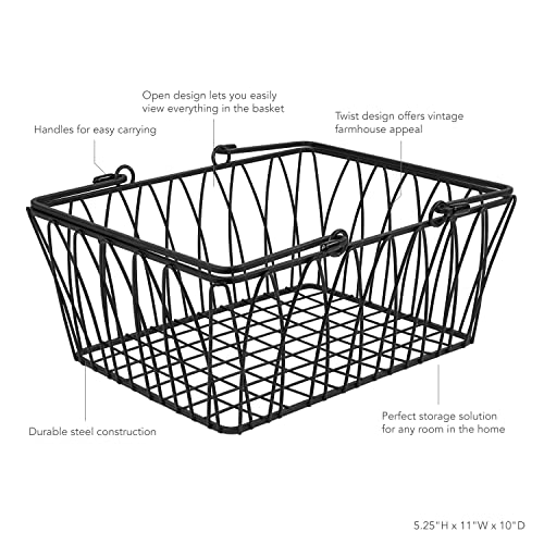 Spectrum Twist Wire Basket for Organizing (Medium, Black) - Sturdy Farmhouse Pantry Basket Storage with Handles - Wire Storage Basket Organizer for Kitchen, Shelf, Closet, Bathroom & More - WoodArtSupply