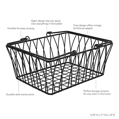 Spectrum Twist Wire Basket for Organizing (Medium, Black) - Sturdy Farmhouse Pantry Basket Storage with Handles - Wire Storage Basket Organizer for Kitchen, Shelf, Closet, Bathroom & More - WoodArtSupply