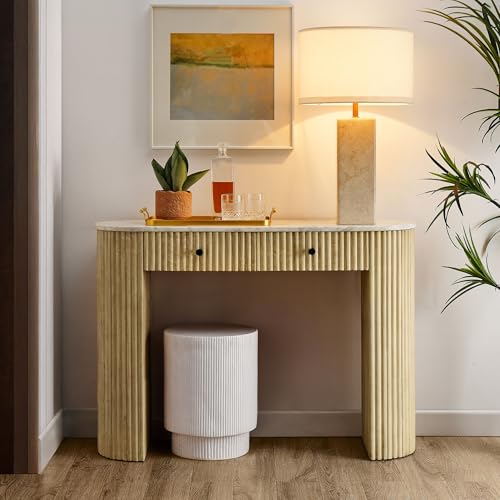 Modway Caldera 42-Inch Curved Solid Wood Fluted Console Table in Natural with Oval Marble Top – Narrow Entryway Table with 2 Drawers Modway