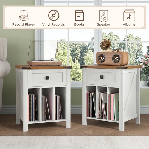 HOSEOKA Record Player Stand with Vinyl Record Storage, Turntable Stand with Charging Station, Wooden Vinyl Record Holder Cabinet Dispaly Shelf with Drawer HOSEOKA