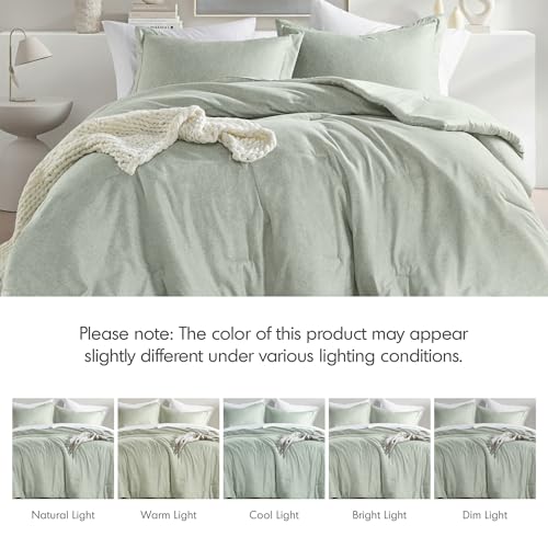 Regency Heights Full/Queen Size Comforter Set, Lightweight Sage Green Soft Bedding for All Seasons, 3 Pieces Chambray Print Solid Farmhouse Bed Set, Comforter & Shams Regency Heights