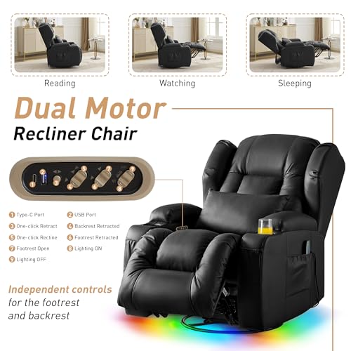 DRMBOOK Dual Motor Power Swivel Rocker Recliner Chairs, Electric Wall Hugger Reclining Sofa with Massage & Heat, Modern Theater Seating with LED/USB/Type-C Ports (Leather Black, Single Chair)