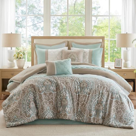 510 DESIGN Luxe Quilted Comforter Set Modern Transitional Design, All Season Down Alternative Warm Bedding Matching Shams, Bedskirt, Decorative Pillow, King, Shawnee Scrollwork Seafoam 510 DESIGN
