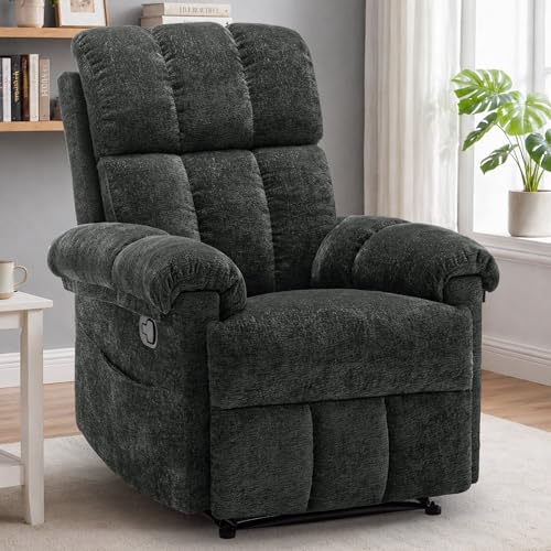 Korser Recliner Chair, Living Room Recliner Chairs for Adults, Small Recliners for Small Spaces, Upholstered Manual Recliner with Side Pockets, Modern Nursery Chair for Living Room, Chenille, Black