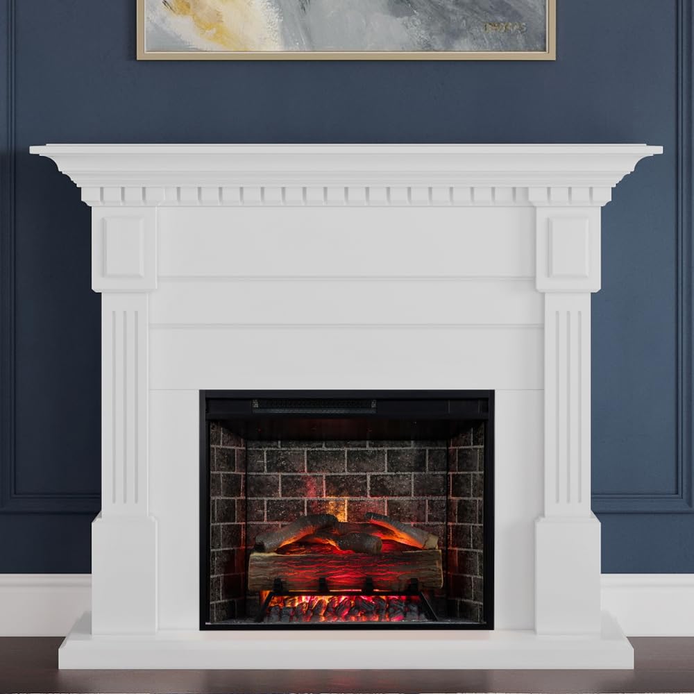 Modern Ember Augustine White Mantel Package 55" W x 48" H with 28 Inch Electric Fireplace Insert - 1,000 Sq Ft Heater 4 Flame Colors, Ember Bed Included | Compatible with Alexa and Google Assistant Modern Ember