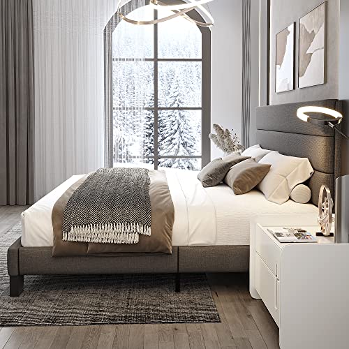 WEEWAY Dark Grey King Bed Frame with Linen Upholstered Headboard & Wooden Slats Support WEEWAY