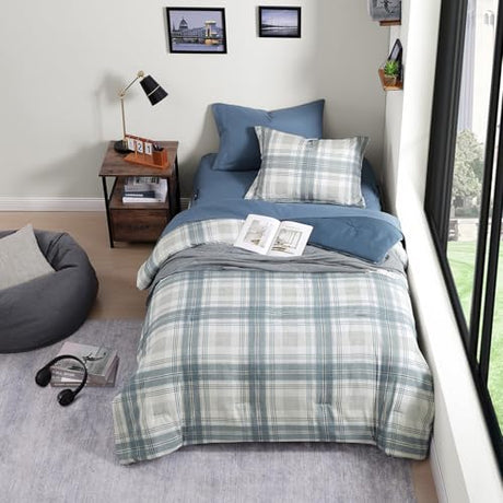 AMBERSPACE Twin XL Comforter Set, Blue Grey Plaid Bedding Set 5 Piece for Boys Girls Teen, Classic Homestead-Style Kids Comforter Set Bed in A Bag with Sheets, Pillowcase & Sham AMBERSPACE
