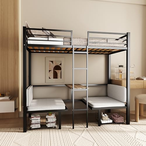 PVWIIK Full Size Loft Bed with Drawer and Desk for Dormitory,Living Room,Bedroom,Metal Bed Frame w/Wood Slats Support/Table Sets Transformable to Full Over Full Bunk Bed,No Box Spring Needed, Black PVWIIK