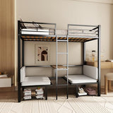 PVWIIK Full Size Loft Bed with Drawer and Desk for Dormitory,Living Room,Bedroom,Metal Bed Frame w/Wood Slats Support/Table Sets Transformable to Full Over Full Bunk Bed,No Box Spring Needed, Black PVWIIK