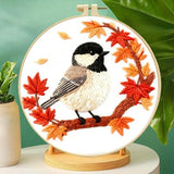 Zhenqing Black-Capped Chickadee Embroidery Kit for Beginners, Pre-Printed 29x29cm Cotton Fabric with 20cm Hoop, Autumn Bird and Maple Leaves Design (C0212)
