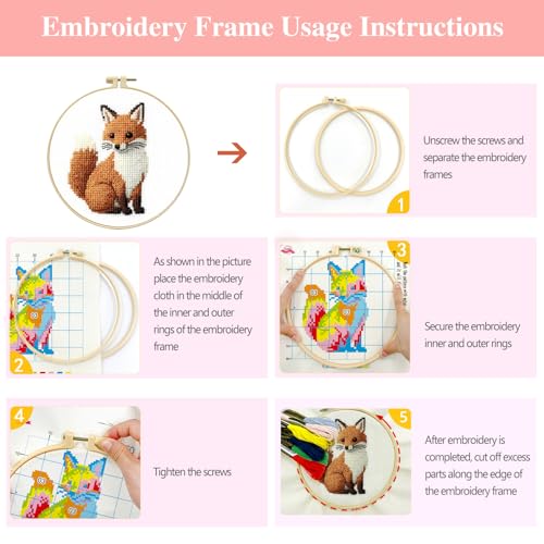Zhenqing 4 Forest Animal Cross Stitch Kit for Beginners, 11CT Printed White Cotton Fabric 20x20cm with Hoop, Fox, Monkey, Squirrel, Raccoon Designs, Complete Embroidery Supplies(70749)
