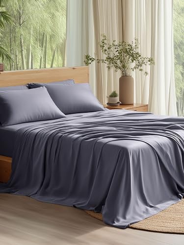 Bedsure Queen Sheet Set, Cooling Sheets for Queen Size Bed Set, Rayon Derived from Bamboo, Breathable & Soft, Deep Pocket Up to 16", Hotel Luxury Silky Bedding for Hot Sleepers, Dark Grey Bedsure