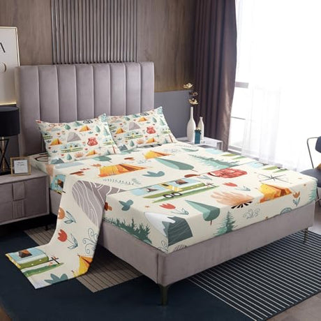 Erosebridal Summer Camp Camper King Bed Sheets for Kids Child Camping Adventure Bedding Set for Boys Girls Bedroom Travel Car Rv Accessories Sheet Set Botanical Flowers Mountain Top Sheet,4 Pcs Erosebridal