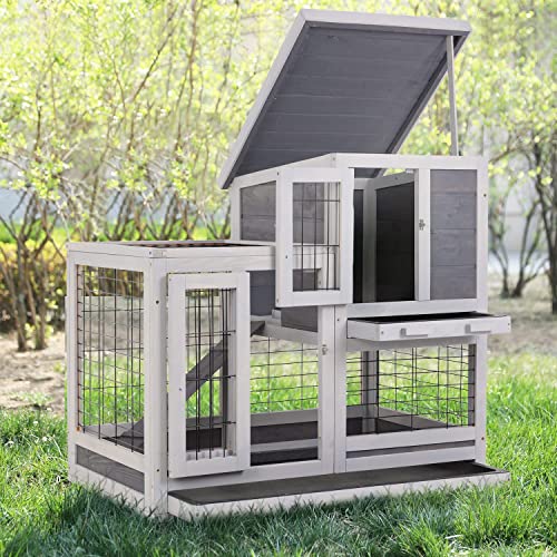 Rabbit Hutch Indoor and Outdoor Rabbit Cage 37 Inch Wide Wooden Hutch House Guinea Pig Cage with Wheels Rolling Large Hutch Cage,Grey - WoodArtSupply