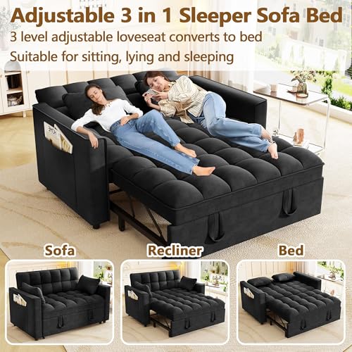 3 in 1 Convertible Sleeper Sofa Bed, 52'' Velvet Pull Out Couch Bed with Comfy Pillows & Adjustable Backrest/Side Pockets,Futon Loveseat Sleeper Sofa for Small Spaces Living Room Bedroom (Black) HRVEOCEI