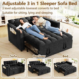3 in 1 Convertible Sleeper Sofa Bed, 52'' Velvet Pull Out Couch Bed with Comfy Pillows & Adjustable Backrest/Side Pockets,Futon Loveseat Sleeper Sofa for Small Spaces Living Room Bedroom (Black) HRVEOCEI
